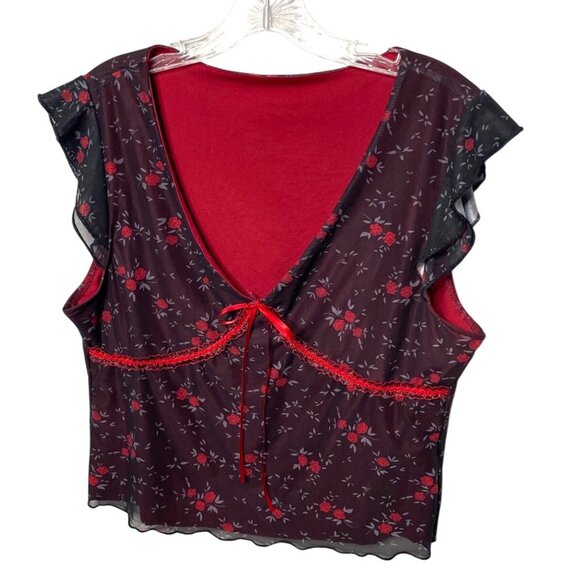 Romwe Floral Print Sheer Overlay Blouse Red Lining & Tie Back Women's XL Ruffle - Picture 8 of 8